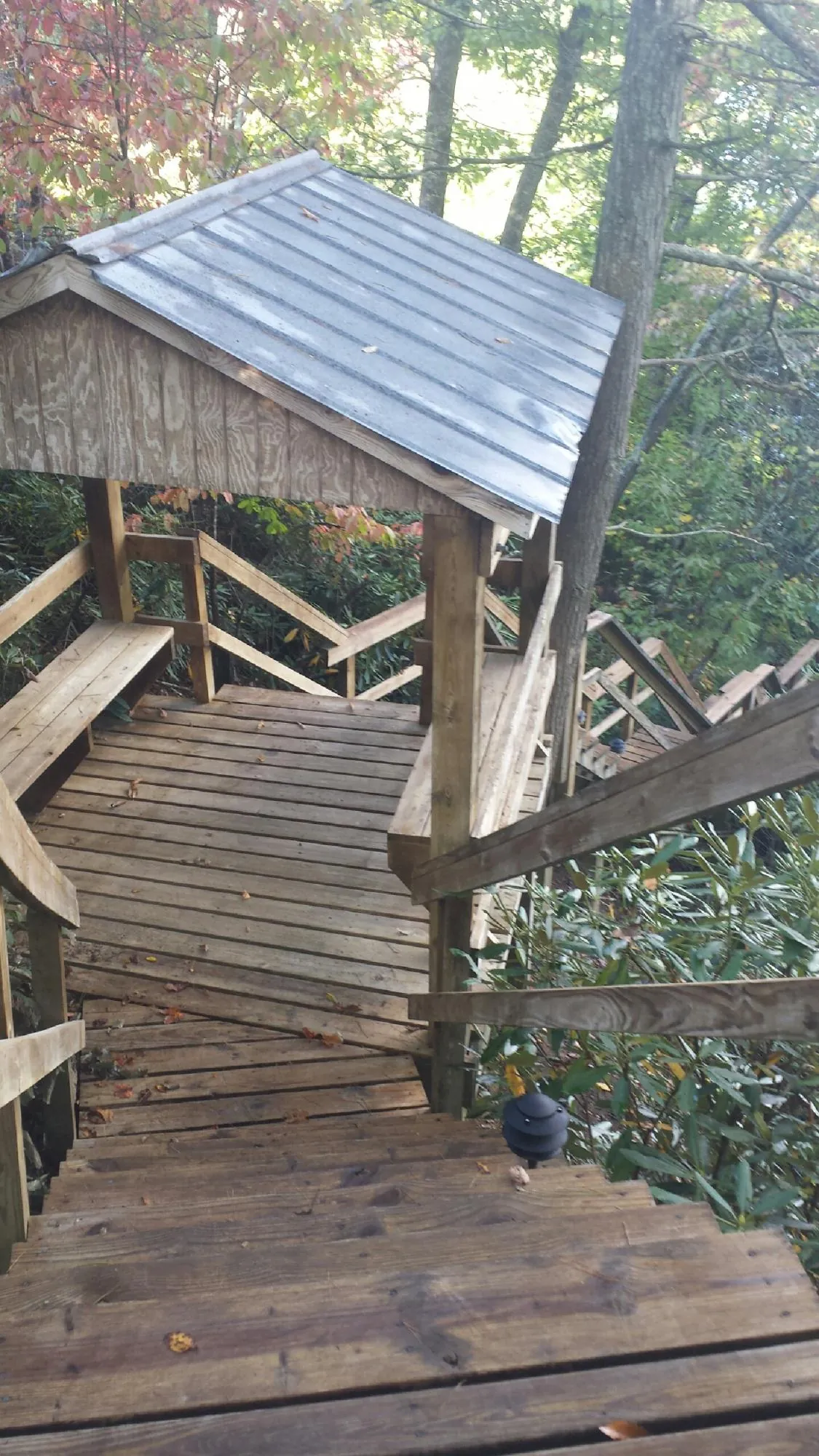 Metal roofed shelter over wooden steps on a wooded walkway — Skylight Repair & Installation work by our crew in Wakonda